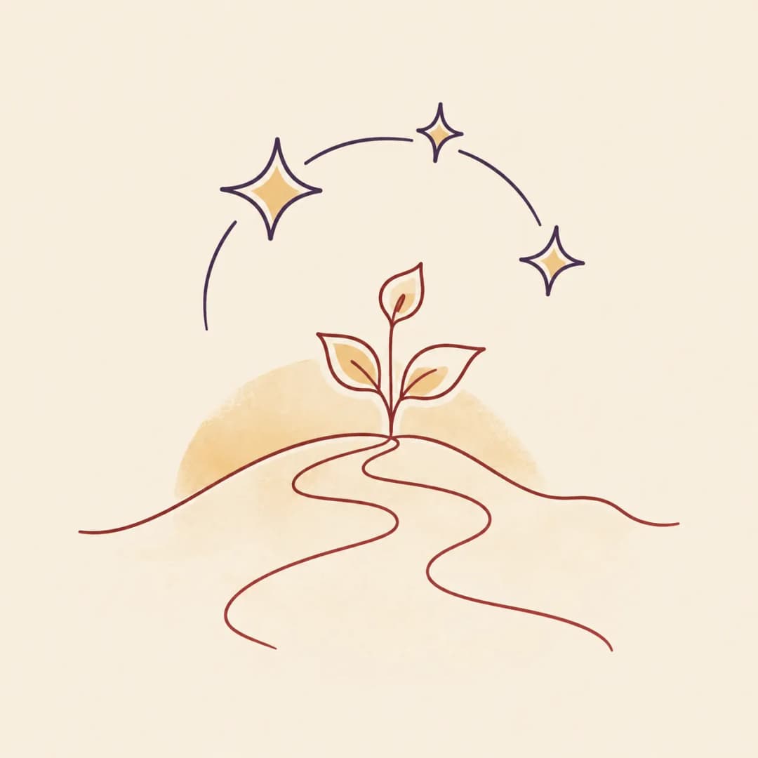 A hand holding a growing sprout beneath a rising arc of stars
